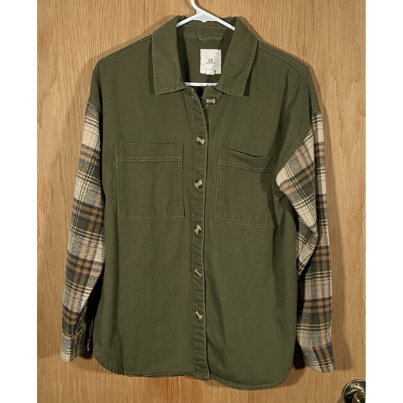Thread & Supply Olive Green Shacket Tan Plaid Sleeves Oversized Women's Sz M - Picture 1 of 7